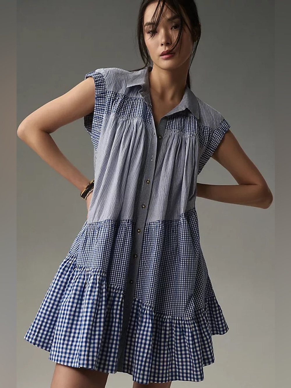 By Anthropologie Short Sleeve Tunic Blue Gingham Mini Dress, XSP
